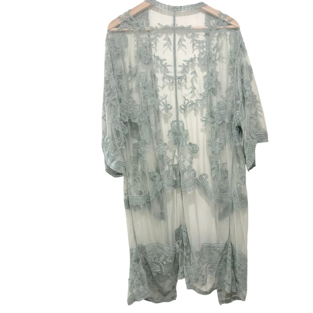 Anna-Kaci Sage Green Embroidered Lace Kimono Duster One Size Sheer Floral